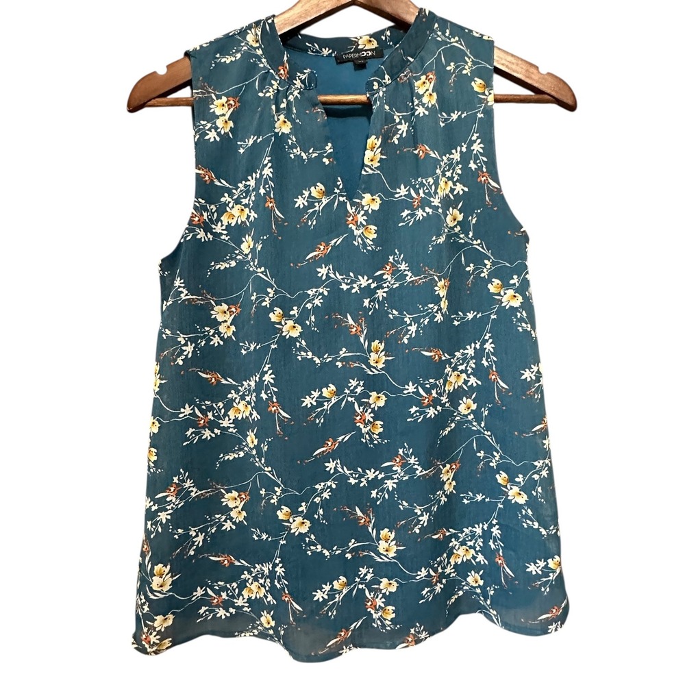 Paper Moon Teal Floral Sleeveless V Neck Blouse‎ Top Womens XS